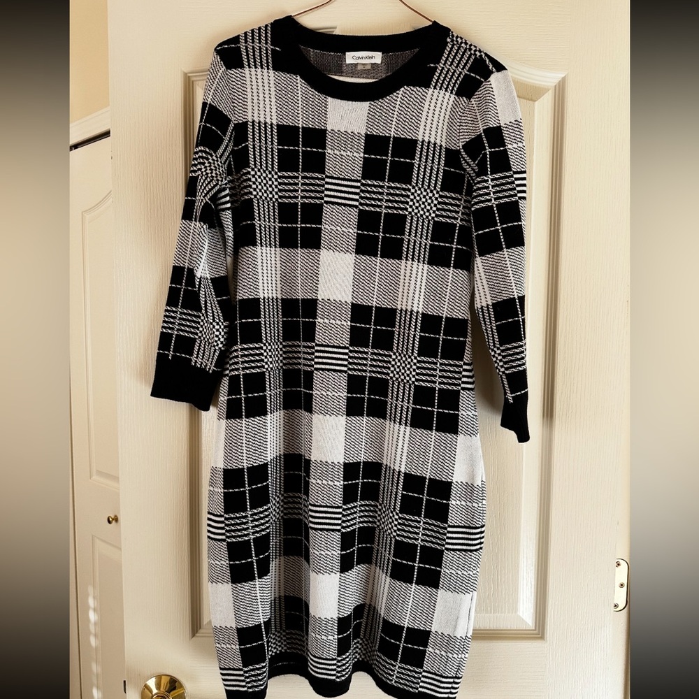 Calvin Klein 3/4 Sleeve Plaid A-Line Sweater Dress Women’s Medium